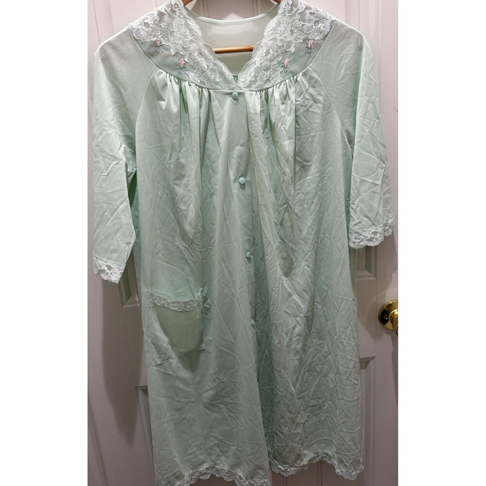 VTG 70s Mint Green Shadowline Women’s Robe S Housecoat Lace Button Up Nylon